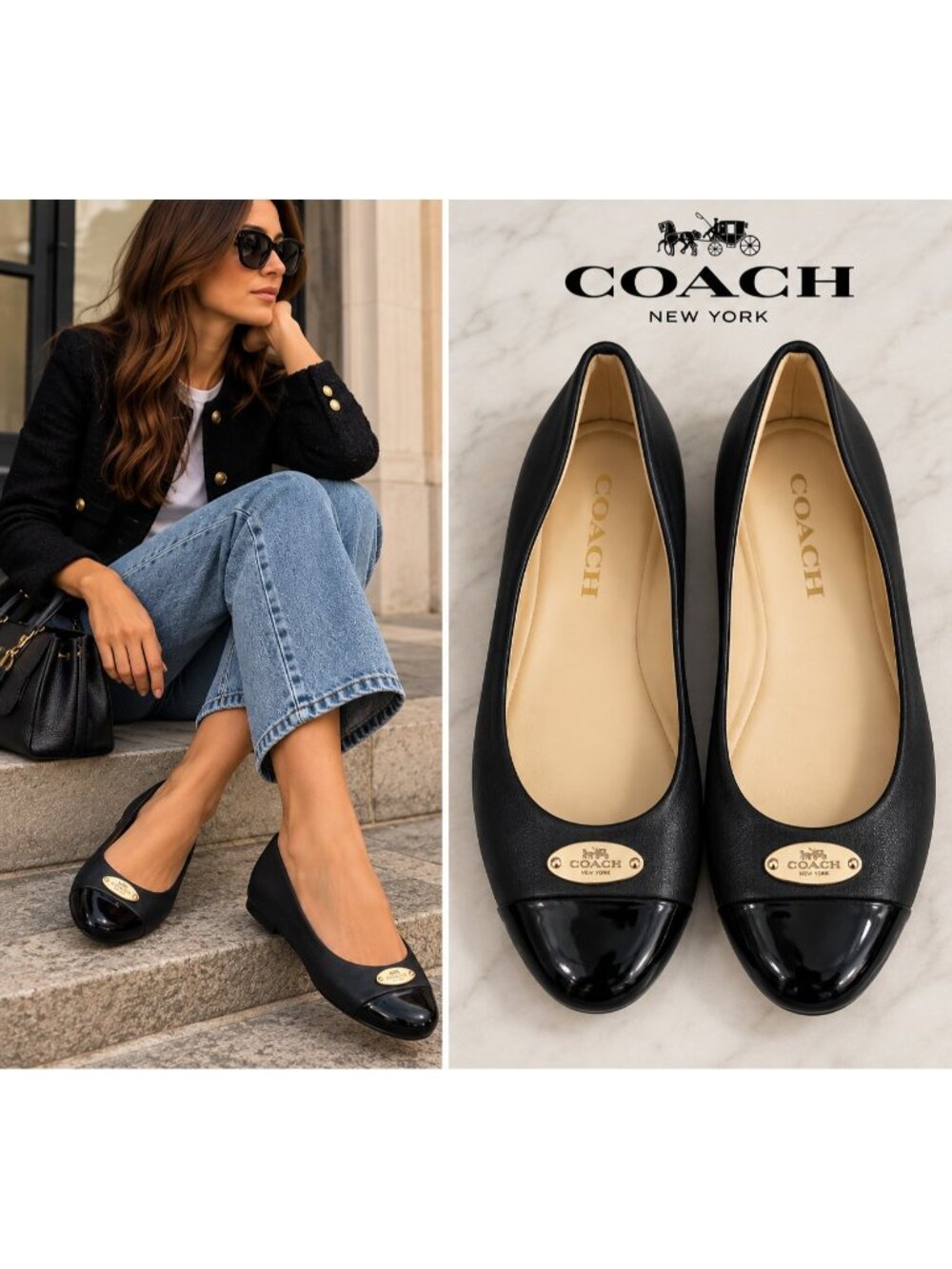 COACH Black Leather Patent Cap Toe Ballet Flats Gold Logo Size 10B